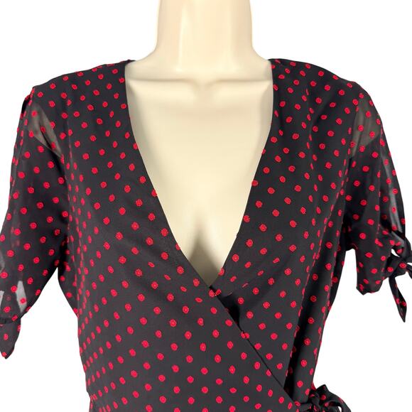 BCBGeneration Dress Womens Small Black Red Swiss Dot Wrap Chiffon Split Sleeve - Picture 2 of 15